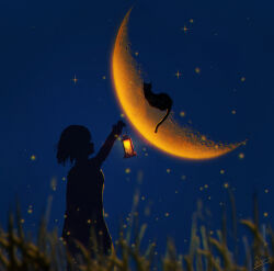 Rule 34 | 1girl, arm up, blurry, blurry foreground, cat, cowboy shot, crescent moon, forced perspective, from side, grass, highres, holding, holding lantern, lantern, light particles, looking up, moon, nature, night, night sky, orange moon, original, scenery, short hair, silhouette, sky, skyrick9413, solo, star (sky)