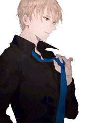 Rule 34 | 1boy, adjusting clothes, adjusting necktie, black shirt, blonde hair, blue necktie, collared shirt, commentary request, fate/grand order, fate (series), fingernails, gilgamesh (fate), highres, long sleeves, male focus, necktie, red eyes, shirt, short hair, shu (oshigoto boshuuchuu), simple background, solo, upper body, white background