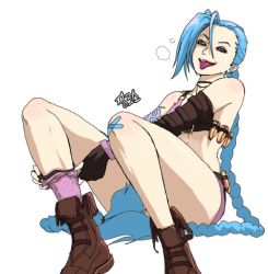 Rule 34 | 1girl, blue hair, boots, braid, gloves, hairline, jinx (league of legends), league of legends, lowres, tattoo