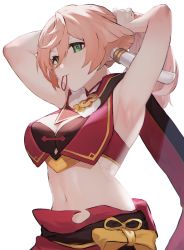 Rule 34 | 1girl, adjusting hair, armpits, arms up, bare arms, bare shoulders, breasts, cleavage, commentary, crop top, genshin impact, green eyes, hair between eyes, hair tie in mouth, highres, large breasts, long hair, midriff, mouth hold, navel, no headwear, pink hair, red skirt, sadiwosan, simple background, skirt, sleeveless, smile, solo, stomach, upper body, white background, yanfei (genshin impact)