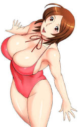 Rule 34 | 1girl, armpits, breasts, brown eyes, brown hair, cleavage, female focus, happy, large breasts, leotard, open mouth, outstretched arms, short hair, sideboob, simple background, smile, solo, standing, takasugi kou, thighs, white background