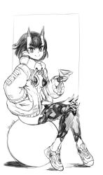 Rule 34 | 1girl, ball, breasts, cup, detached leggings, exercise ball, fate/grand order, fate (series), full body, greyscale, hand in pocket, highres, horns, jacket, knee pads, knee spikes, knees together feet apart, looking at viewer, monochrome, oni, open clothes, open jacket, pasties, pointy ears, sakazuki, sho-n-d, shoes, short hair, shuten douji (fate), sitting, sketch, skin-covered horns, small breasts, smile, sneakers, solo, spikes, unzipped, wide sleeves