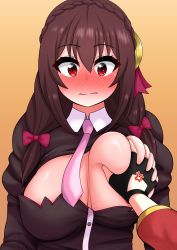 Rule 34 | 2girls, absurdres, anger vein, blush, bow, braid, grabbing another&#039;s breast, breasts squeezed together, breasts, brown hair, cleavage, closed mouth, deep skin, fingerless gloves, gloves, grabbing, hair bow, highres, kono subarashii sekai ni shukufuku wo!, large breasts, low twintails, megumin, multiple girls, necktie, orange background, pink necktie, pov, pov hands, red bow, red eyes, the only shoe, twintails, wavy mouth, yunyun (konosuba)