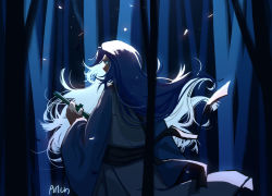 Rule 34 | 1boy, absurdres, arlcn, blue eyes, blue theme, floating hair, from behind, highres, long sleeves, looking at viewer, looking back, profile, robe, signature, solo, sword, luo xiaohei zhanji, weapon, wide sleeves, wuxian (the legend of luoxiaohei)