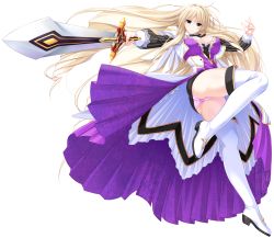 Rule 34 | 1girl, ass, blonde hair, blue eyes, boots, breasts, cleavage, covered erect nipples, full body, highres, large breasts, long hair, looking at viewer, miniskirt, panties, pink panties, silveria leodiehl, skirt, smile, solo, sword, thigh boots, thighhighs, transparent background, underwear, unionism quartet, upskirt, very long hair, weapon, white footwear, white thighhighs