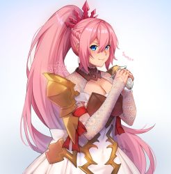 Rule 34 | 1girl, blue eyes, breasts, bridal gauntlets, cleavage, dress, food, hands up, highres, holding, holding food, long hair, medium breasts, pink hair, ponytail, potato, shionne (tales), solo, streyah, tales of (series), tales of arise, tiara, upper body, white dress