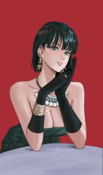 Rule 34 | 1girl, bare shoulders, black hair, bracelet, breasts, cleavage, dress, earrings, fubuki (one-punch man), gloves, green dress, green eyes, jewelry, large breasts, necklace, one-punch man, solo