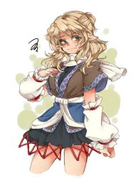 Rule 34 | 1girl, arm warmers, blonde hair, eyebrows, female focus, green eyes, half updo, iroyopon, long hair, mizuhashi parsee, pointy ears, scarf, skirt, solo, squiggle, thick eyebrows, touhou