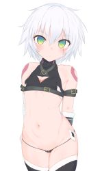 Rule 34 | 1girl, arms behind back, bandaged arm, bandages, bare shoulders, belt, black panties, black thighhighs, cowboy shot, crop top, fate/apocrypha, fate (series), flat chest, green eyes, highres, jack the ripper (fate/apocrypha), looking at viewer, makabe gorou, micro panties, multicolored eyes, navel, panties, scar, short hair, solo, tattoo, thighhighs, underwear, white background, white hair, yellow eyes