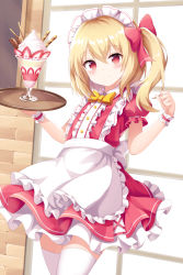 Rule 34 | 1girl, alternate costume, apron, back bow, blonde hair, blush, bow, bowtie, brick wall, buttons, center frills, closed mouth, collared dress, cowboy shot, dress, enmaided, eyelashes, flandre scarlet, flat chest, frilled apron, frills, glass, hair bow, highres, holding, holding tray, maid, maid apron, maid headdress, one side up, parfait, petticoat, puffy short sleeves, puffy sleeves, red bow, red dress, red ribbon, revision, ribbon, sash, short hair, short sleeves, side ponytail, smile, solo, standing, thighhighs, touhou, tray, upper body, whipped cream, white apron, white sash, white thighhighs, window, wing collar, wrist cuffs, yasuharasora, yellow bow, yellow bowtie
