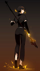 Rule 34 | 1girl, absurdres, ass, black footwear, black hair, black pants, black shirt, breath weapon, breathing fire, earrings, fire, fire mage (gogalking), from behind, full body, gogalking, gradient background, high heels, highres, holding, holding lance, holding polearm, holding weapon, jewelry, lance, looking at viewer, looking back, original, pants, polearm, red eyes, shirt, short hair, short sleeves, sideways glance, solo, torn clothes, torn pants, weapon