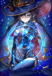 Rule 34 | 1girl, black hair, blue thighhighs, closed mouth, dot nose, earrings, fur collar, genshin impact, gloves, gold trim, green eyes, hair between eyes, hair ribbon, hat, high heels, jewelry, looking at viewer, magic circle, mona (genshin impact), mona (pact of stars and moon) (genshin impact), official alternate costume, open hand, ribbon, setta shu, sitting, smile, solo, sparkle print, star (symbol), star earrings, starry background, thighhighs, thighlet, twintails, wariza, witch hat