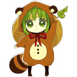 Rule 34 | 1girl, :&lt;, anzu (o6v6o), arm up, chibi, cosplay, full body, green eyes, green hair, gumi, hat, holding, holding leaf, hood, hood up, kigurumi, leaf, long sleeves, looking at viewer, lowres, neck ribbon, raccoon hood, raccoon tail, red ribbon, ribbon, rice hat, short hair, simple background, solo, standing, tail, tearing up, v-shaped eyebrows, vocaloid, white background