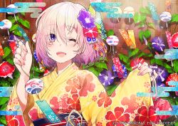 Rule 34 | 1girl, :d, fate/grand order, fate (series), fingernails, floral print, flower, hair flower, hair ornament, hands up, japanese clothes, kimono, looking at viewer, mash kyrielight, mika pikazo, morning glory, nail polish, obi, official alternate costume, official art, one eye closed, open mouth, pink hair, pink nails, print kimono, purple eyes, purple flower, red flower, sash, short hair, smile, solo, watermark, yellow kimono