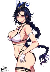Rule 34 | 1girl, :/, absurdres, anandaname, arm strap, bikini, black choker, black hair, blush, braid, braided ponytail, breasts, choker, cleavage, clorinde (genshin impact), cowboy shot, ear blush, from side, genshin impact, gloves, hat, highres, large breasts, long hair, looking at viewer, navel, purple eyes, signature, simple background, solo, stomach, swimsuit, thigh strap, tricorne, very long hair, white background, white bikini, white gloves