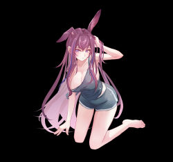 1girl absurdres animal_ears arknights breasts cleavage highres large_breasts long_hair loose_clothes polucky purple_hair rabbit_ears rabbit_girl ray_(arknights) shorts solo tank_top