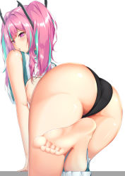 Rule 34 | 1girl, aqua hair, ass, azur lane, bare legs, barefoot, bent over, black panties, blush, bremerton (azur lane), bremerton (scorching-hot training) (azur lane), commentary, cowboy shot, crop top, crop top overhang, foreshortening, from behind, headpiece, highres, long hair, looking at viewer, looking back, mole, mole under eye, multicolored hair, open mouth, panties, pink eyes, pink hair, simple background, skirt, skirt around one leg, sleeveless, soles, solo, sportswear, streaked hair, tak., tennis uniform, thick thighs, thighs, twintails, two-tone hair, underwear, white background