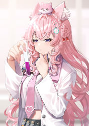 Rule 34 | 1girl, animal ear fluff, braid, cropped shirt, fingernails, hakui koyori, hand on own chin, highres, holding, holding test tube, hololive, lab coat, mikan (chipstar182), nail polish, necktie, necktie overhang, pink eyes, pink nails, pink necktie, purple eyes, shirt, solo, standing, test tube, virtual youtuber, white shirt