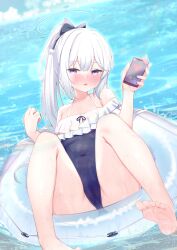 Rule 34 | 1girl, barefoot, blue archive, blue halo, blue one-piece swimsuit, blush, breasts, cameltoe, casual one-piece swimsuit, cellphone, collarbone, covered navel, foot out of frame, frilled one-piece swimsuit, frills, gmkj, hair between eyes, halo, heart, highres, holding, holding phone, innertube, long hair, looking at viewer, miyako (blue archive), miyako (swimsuit) (blue archive), off shoulder, official alternate costume, one-piece swimsuit, parted lips, phone, ponytail, purple eyes, small breasts, smartphone, soles, solo, swim ring, swimsuit, toes, white hair