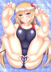 Rule 34 | 1girl, absurdres, akai haato, aqua eyes, bare legs, barefoot, blonde hair, blue background, blue one-piece swimsuit, blush, breasts, cameltoe, cleft of venus, collarbone, commentary request, competition swimsuit, covered navel, feet, foot focus, foreshortening, from above, full body, greek toe, hair between eyes, hair ornament, hair ribbon, heart, heart hands, highres, hololive, large breasts, legs, legs up, licking lips, long hair, looking at viewer, lying, nail polish, on back, one-piece swimsuit, one side up, paid reward available, pink nails, ribbon, shiny clothes, shiny skin, shirouzu myuuta, sidelocks, soles, solo, swimsuit, thighs, tile floor, tiles, toenail polish, toenails, toes, tongue, tongue out, virtual youtuber