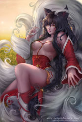 Rule 34 | 1girl, ahri (league of legends), animal ears, bell, between breasts, black hair, braid, breasts, chuby mi, collarbone, detached sleeves, eyelashes, facial mark, fingernails, fox ears, fox tail, hair between eyes, hair over breasts, hand up, highres, jingle bell, korean clothes, large breasts, league of legends, lips, long fingernails, long hair, long sleeves, looking at viewer, multiple tails, nail polish, nipples, orange eyes, sitting, solo, tail, tareme, tassel, thighs, topless, very long hair, watermark, web address