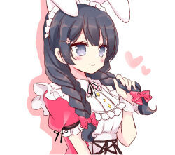 Rule 34 | 1girl, animal ears, black hair, blush, bow, braid, breasts, closed mouth, drop shadow, flower, grey eyes, hair bow, hair flower, hair ornament, hairclip, hand up, heart, holding, holding hair, long hair, low twintails, maid headdress, medium breasts, nijisanji, pink flower, pink shirt, puffy short sleeves, puffy sleeves, rabbit ears, red bow, shikito (yawa0w0), shirt, short sleeves, simple background, smile, solo, tsukino mito, tsukino mito (9th costume), twin braids, twintails, upper body, virtual youtuber, white background, wrist cuffs
