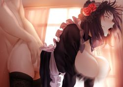 Rule 34 | 1boy, 1girl, all fours, apron, backlighting, black dress, black hair, black thighhighs, blush, body writing, bonnet, bouncing breasts, breasts, clothed female nude male, clothed sex, curtains, doggystyle, dress, flower, frills, hair flower, hair ornament, hetero, highres, kuroe shizuku, large breasts, long sleeves, nipples, nude, one breast out, open mouth, paid reward available, purple eyes, rolling eyes, rose, sex, sex from behind, short hair, sono bisque doll wa koi wo suru, tally, thighhighs, tongue, tongue out, white apron, window, zasshu