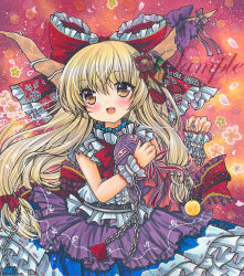 Rule 34 | 1girl, :d, back bow, belt, black belt, blonde hair, blue skirt, bow, bowtie, brown eyes, chain, cowboy shot, fang, floral background, floral print, flower, frilled bow, frilled skirt, frills, gourd, hair between eyes, hair bow, hair flower, hair ornament, holding, horn ornament, horns, ibuki suika, large bow, layered skirt, long hair, looking at viewer, low-tied long hair, marker (medium), oni horns, open mouth, orange background, petals, pink flower, pink rose, print bow, purple skirt, red bow, red bowtie, red flower, rose, rui (sugar3), sample watermark, shirt, skin fang, skirt, sleeveless, sleeveless shirt, smile, solo, tassel, touhou, traditional media, watermark, white shirt, wrist cuffs