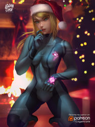 Rule 34 | 1girl, blonde hair, blue bodysuit, bodysuit, breasts, covered navel, hat, high ponytail, highres, logan cure, long hair, looking at viewer, metroid, mole, mole under mouth, nintendo, ponytail, samus aran, santa hat, shiny clothes, skin tight, smile, solo, spandex, zero suit