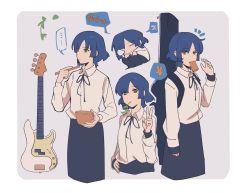 Rule 34 | ..., 1girl, artist request, bad link, bass guitar, black skirt, blue hair, bocchi the rock!, border, chopsticks, closed mouth, grey background, hair ornament, hairclip, highres, holding, holding chopsticks, instrument, long sleeves, looking at viewer, mole, mole under eye, mouth hold, multiple views, notice lines, shirt, short hair, simple background, skirt, sleeping, source request, spoken ellipsis, spoken zzz, stalk in mouth, v, white border, white shirt, yamada ryo, yellow eyes, zzz