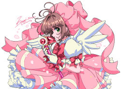 Rule 34 | 1girl, antenna hair, artist name, bow, bowtie, brown hair, cardcaptor sakura, cherry blossoms, dress, falling petals, from side, fuuin no tsue, gloves, green eyes, hat, highres, holding, holding wand, kinomoto sakura, kisumi rei, petals, pink bow, pink dress, pink hat, pink ribbon, puffy short sleeves, puffy sleeves, red bow, red bowtie, ribbon, short sleeves, signature, solo, wand, white background, white gloves, white wings, wings