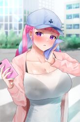 Rule 34 | 1girl, air pods, aqua nails, baseball cap, black bra, blue hat, blunt bangs, blurry, blurry background, blush, bra, braid, breasts, cardigan, cellphone, cleavage, collarbone, commentary request, day, depth of field, frikulu, hat, highres, holding, holding phone, hololive, impossible clothes, impossible shirt, large breasts, long hair, long sleeves, looking at viewer, minato aqua, multicolored hair, nail polish, open cardigan, open clothes, outdoors, parted lips, phone, pink cardigan, pink hair, purple eyes, purple hair, see-through, shirt, smartphone, solo, twin braids, two-tone hair, underwear, upper body, virtual youtuber, white shirt, wiping sweat