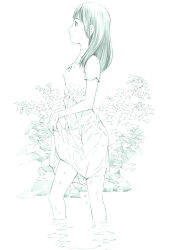 Rule 34 | 1girl, clothes lift, dress, from side, long hair, monochrome, original, profile, sketch, skirt, skirt lift, solo, traditional media, wading, water, wet, yoshitomi akihito