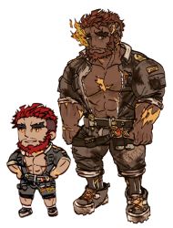 Rule 34 | 2boys, bara, beard, chibi, dark-skinned male, dark skin, derivative work, eyebrow cut, facial hair, flaming eye, full body, hephaestus (housamo), jacket, large pectorals, looking at viewer, male focus, mature male, multiple boys, muscular, muscular male, open clothes, open jacket, pants, pants rolled up, pectoral cleavage, pectorals, prosthesis, prosthetic leg, red eyes, scar, scar on chest, short hair, sleeves rolled up, talos (housamo), thick eyebrows, tokyo houkago summoners, tora d, translation request, unzipped