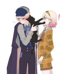 ! 1boy 1girl 2_(tsvf3235) adjusting_another&#039;s_eyewear animal averting_eyes black_cat black_jacket black_pants blonde_hair blue_bow blue_bowtie blue_hat blue_vest blush bow bowtie brother_and_sister brown_hairband buttons cat chain closed_mouth commentary cowboy_shot earrings fingernails flying_sweatdrops glasses gradient_hair grey_shirt hair_behind_ear hairband happy_enjoy_music!_(project_sekai) hat heart holding holding_animal holding_cat jacket jacket_on_shoulders jewelry layered_sleeves long_sleeves looking_at_animal multicolored_hair nose_blush official_alternate_costume official_alternate_hair_length official_alternate_hairstyle orange-framed_eyewear orange_eyes orange_hair orange_jacket orange_shorts pants pink_eyes pink_hair plaid_clothes plaid_jacket plaid_shorts profile project_sekai shirt short_hair short_shorts shorts siblings simple_background symbol-only_commentary tenma_saki tenma_tsukasa two-sided_fabric two-sided_jacket two-tone_hair vest white_background zozotown