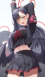 Rule 34 | 3girls, armband, black gloves, black hair, black sailor collar, black serafuku, black shirt, black skirt, black wings, blue archive, blush, breasts, choker, feathered wings, gloves, hair ornament, hairclip, halo, highres, ichika (blue archive), justice task force member (blue archive), large breasts, long hair, long sleeves, looking at viewer, midriff, multiple girls, navel, neckerchief, open mouth, pleated skirt, red neckerchief, renka (renkas), sailor collar, school uniform, serafuku, shirt, skirt, solo focus, thighs, wings