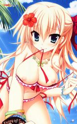 Rule 34 | 1girl, absurdres, asahina shin, beach, bikini, bikini in mouth, bikini pull, blonde hair, blue eyes, breasts, cleavage, clothes in mouth, clothes pull, day, flower, hair flower, hair ornament, hibiscus, highres, huge filesize, jewelry, karumaruka circle, large breasts, long hair, mouth hold, necklace, nipples, pink bikini, solo, swimsuit, toranosuke, wristband