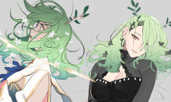 Rule 34 | 1girl, antlers, black shirt, branch, breasts, capelet, ceres fauna, cleavage, collared shirt, curly hair, ear piercing, earrings, eus ing, floating hair, flower, gradient hair, green eyes, green hair, grey background, grey hair, hair flower, hair ornament, hairclip, highres, hololive, hololive english, horns, jewelry, large breasts, leaf, long hair, lying, mole, mole under eye, multicolored hair, on back, open mouth, piercing, see-through, see-through shirt, shirt, simon (ttgl), solo, surprised, tree horns, virtual youtuber, white capelet, white shirt