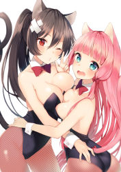 Rule 34 | 2girls, ;o, animal ears, aqua eyes, ass, asymmetrical docking, bare shoulders, black hair, blue eyes, blush, bow, bowtie, breast press, breasts, cat ears, cat girl, cat tail, cleavage, cross hair ornament, detached collar, fang, female focus, fishnet pantyhose, fishnets, hair between eyes, hair ornament, hair ribbon, hime cut, hug, ichijou kokona, kittysuit, large breasts, leotard, long hair, looking at viewer, looking back, md5 mismatch, midorikawa you, multiple girls, multiple tails, nekomata, nontraditional playboy bunny, o3o, one eye closed, open mouth, original, pantyhose, pink hair, ponytail, red eyes, ribbon, shiny skin, sideboob, simple background, small breasts, smile, strapless, symmetrical docking, tail, v, white background, wink, wrist cuffs, yuri