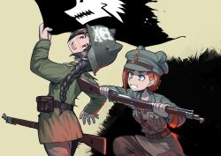 Rule 34 | 2girls, ammunition pouch, animal ear headwear, animal ears helmet, attack, belt, black hair, blush, bolt action, braid, braided ponytail, breasts, collarbone, commentary, commission, erica (naze1940), fake animal ears, flag, german empire, grey eyes, gun, hair bun, hammer and sickle, hat, hat ornament, helmet, highres, holding, holding gun, holding weapon, imperial german army, jacket, load bearing equipment, long braid, long hair, long sleeves, looking at another, military, military uniform, multiple girls, open mouth, orange hair, original, peaked cap, pouch, red eyes, red star, rifle, russia, shoulder boards, simple background, single braid, smile, soldier, soviet, soviet army, speed lines, star (symbol), teeth, tongue, uniform, upper teeth only, weapon, world war i