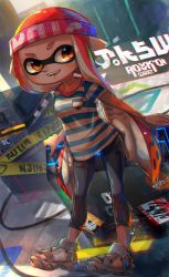 Rule 34 | 1girl, :d, bad id, bad twitter id, beanie, black pants, blue shirt, breast pocket, cable, chromatic aberration, commentary request, fangs, full body, grey footwear, hat, highres, sports sandals, inkling, inkling (language), inkling girl, inkling player character, kashu (hizake), leaning back, long hair, looking at viewer, monster girl, nintendo, open mouth, orange eyes, orange hat, pants, pocket, pointy ears, red hair, sandals, shirt, short eyebrows, short sleeves, smile, solo, splatoon (series), splatoon 2, standing, striped clothes, striped shirt, tentacle hair, v-shaped eyebrows, very long hair, white shirt