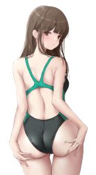 Rule 34 | 1girl, absurdres, ass, back, black one-piece swimsuit, blunt bangs, blush, breasts, brown eyes, brown hair, closed mouth, commentary request, competition swimsuit, ear piercing, green one-piece swimsuit, highres, long hair, looking at viewer, looking back, ncontrail (mgax7527), one-piece swimsuit, original, piercing, shoulder blades, simple background, small breasts, solo, standing, swimsuit, thighs, two-tone swimsuit, wet, white background