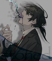 Rule 34 | 1boy, black hair, black jacket, brooch, collared shirt, drugs, ear piercing, english text, fang, from side, grey background, hair between eyes, highres, jacket, jewelry, long sleeves, looking at viewer, male focus, migato, open mouth, original, piercing, pill, ponytail, profile, safety pin, safety pin piercing, shadow, shirt, simple background, solo, upper body, white shirt