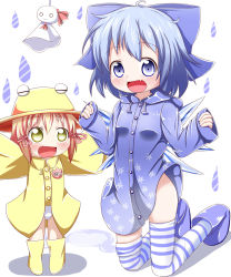 Rule 34 | 2girls, :d, aged down, blonde hair, blue bow, blue eyes, blue footwear, blue hair, blush, boots, bow, breasts, child, cirno, commentary request, drawstring, fang, hair between eyes, hair bow, hair ribbon, hands up, hat, highres, hood, hood down, kneeling, long hair, long sleeves, looking at viewer, makuran, moriya suwako, multiple girls, open mouth, outstretched arms, panties, pinching sleeves, pink ribbon, raincoat, ribbon, rubber boots, sidelocks, sleeves past fingers, sleeves past wrists, small breasts, smile, spread arms, standing, striped clothes, striped legwear, striped thighhighs, teruterubouzu, thighhighs, touhou, underwear, water drop, white background, white panties, wide sleeves, yellow eyes, yellow footwear, yellow hat