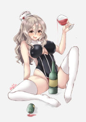 Rule 34 | 1girl, adapted costume, alcohol, alternate costume, armpits, ascot, black leotard, blonde hair, bottle, braid, breasts, brown eyes, cleavage cutout, clothing cutout, corset, cup, drinking glass, drunk, full body, grey background, grey hair, hair between eyes, hat, heart, kantai collection, kuga zankurou, large breasts, leotard, leotard under clothes, long hair, long sleeves, looking at viewer, mini hat, open mouth, pola (kancolle), simple background, sitting, solo, text focus, thick eyebrows, thighhighs, tilted headwear, twitter username, wavy hair, white thighhighs, wine, wine bottle, wine glass