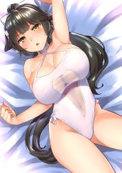 Rule 34 | 1girl, aaru (tenrake chaya), azur lane, bare shoulders, black hair, blush, bow, breasts, casual one-piece swimsuit, cleavage, collarbone, criss-cross halter, hair bow, halterneck, highres, large breasts, long hair, navel, one-piece swimsuit, open mouth, ponytail, solo, swimsuit, takao (azur lane), takao (beach rhapsody) (azur lane), very long hair, white one-piece swimsuit