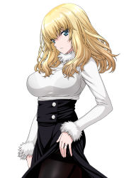 Rule 34 | 10s, 1girl, black bra, blonde hair, blue eyes, bra, bra visible through clothes, breasts, character request, clothes lift, cowboy shot, dress, dress lift, from side, fur trim, girls und panzer, hair between eyes, isse, jewelry, katyusha&#039;s mother (girls und panzer), large breasts, long hair, long sleeves, looking at viewer, pantyhose, parted lips, ring, see-through, shirt, simple background, solo, sweater, teeth, thighs, underwear, wavy hair, white background, white sweater