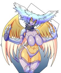Rule 34 | 1girl, absurdres, armor, breasts, curvy, digimon, digimon (creature), harpy, head wings, highres, large breasts, looking at viewer, mask, monster girl, navel, revealing clothes, scarf, short hair, shutumon, thong, wide hips, wings