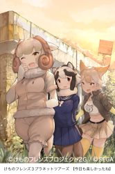 Rule 34 | 3girls, animal ears, arms behind back, black hair, blonde hair, blue skirt, bow, bowtie, brown eyes, brown legwear, building, collared jacket, convenience store, coyote (kemono friends), wolf ears, evening, extra ears, fur collar, fur trim, hand in pocket, horizontal pupils, horns, impossible clothes, impossible shirt, jacket, kemono friends, kemono friends 3, kemono friends 3: planet tours, koruse, looking at another, miniskirt, multicolored hair, multiple girls, official art, one eye closed, outdoors, pantyhose, pleated skirt, raccoon ears, raccoon tail, school uniform, serafuku, sheep (kemono friends), sheep ears, sheep horns, sheep tail, shirt, shop, short hair, short sleeves, shorts, skirt, sky, smile, standing, tail, tanuki (kemono friends), thighhighs, two-tone hair, watermark, white hair, white legwear, white neckwear, yawning, yellow eyes, yellow legwear, zettai ryouiki
