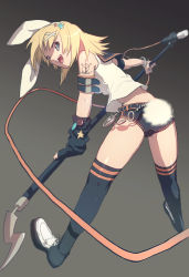 Rule 34 | 1girl, animal ears, bad id, bad pixiv id, blonde hair, blue eyes, hair ornament, hairclip, kagamine rin, kemonomimi mode, looking at viewer, looking back, matsuki ringo, microphone stand, rabbit ears, rabbit tail, short hair, smile, solo, tail, thighhighs, vocaloid
